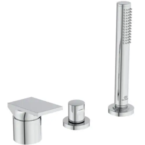 Chromene 3-Loch-Badarmatur mit Handbrause und Wanneneinlauf von Ideal Standard, bestehend aus einem Wasserhahn und zwei Bedienelementen.